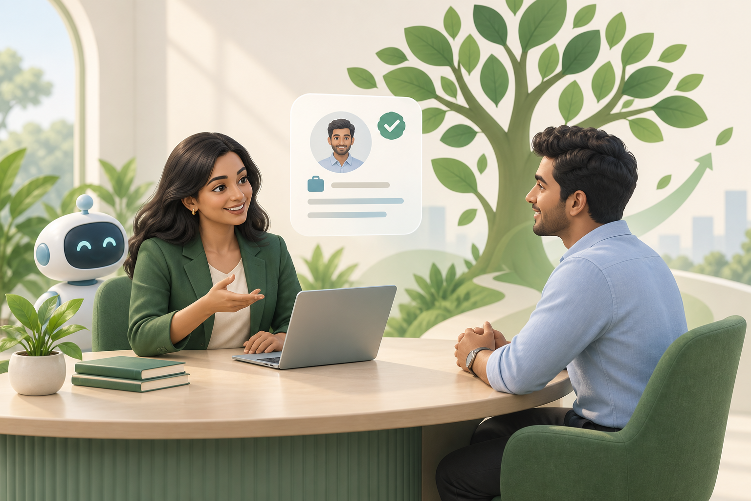 Illustration of a recruiter and candidate connecting through verified hiring technology